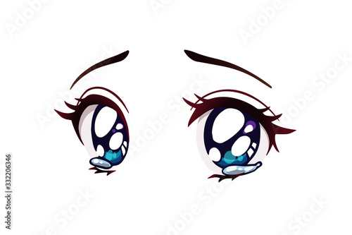 Sad anime eyes. Tears in her big blue eyes.
