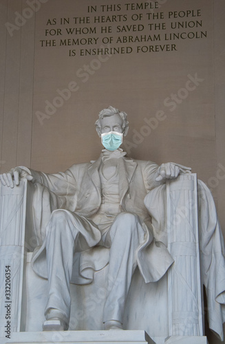 Abraham Lincoln Memorial with a surgical face mask as a symbol of the coronavirus global outbreak