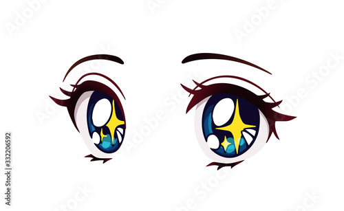 Fototapeta Naklejka Na Ścianę i Meble -  Happy anime style big blue eyes with sparkles. Hand drawn vector illustration.