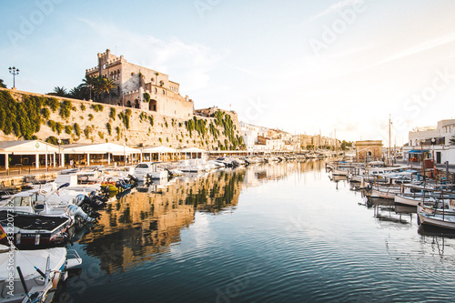 Ciutadella de Menorca en verano atardecer puerto deportivo y calles photo