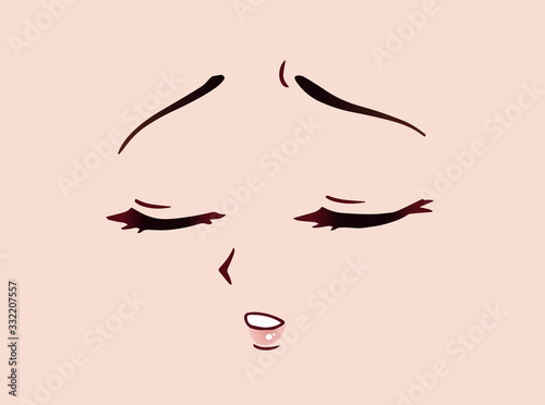 Sad anime face. Manga style closed eyes, little nose and kawaii mouth.