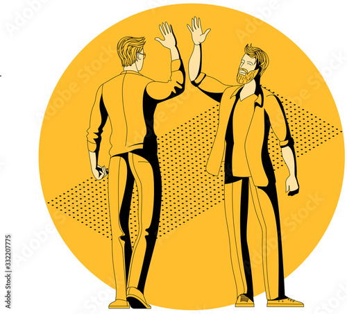 Young collegues people giving high five. Cheerful friends and colleagues informal greeting. Flat design cartoone style vector concept.