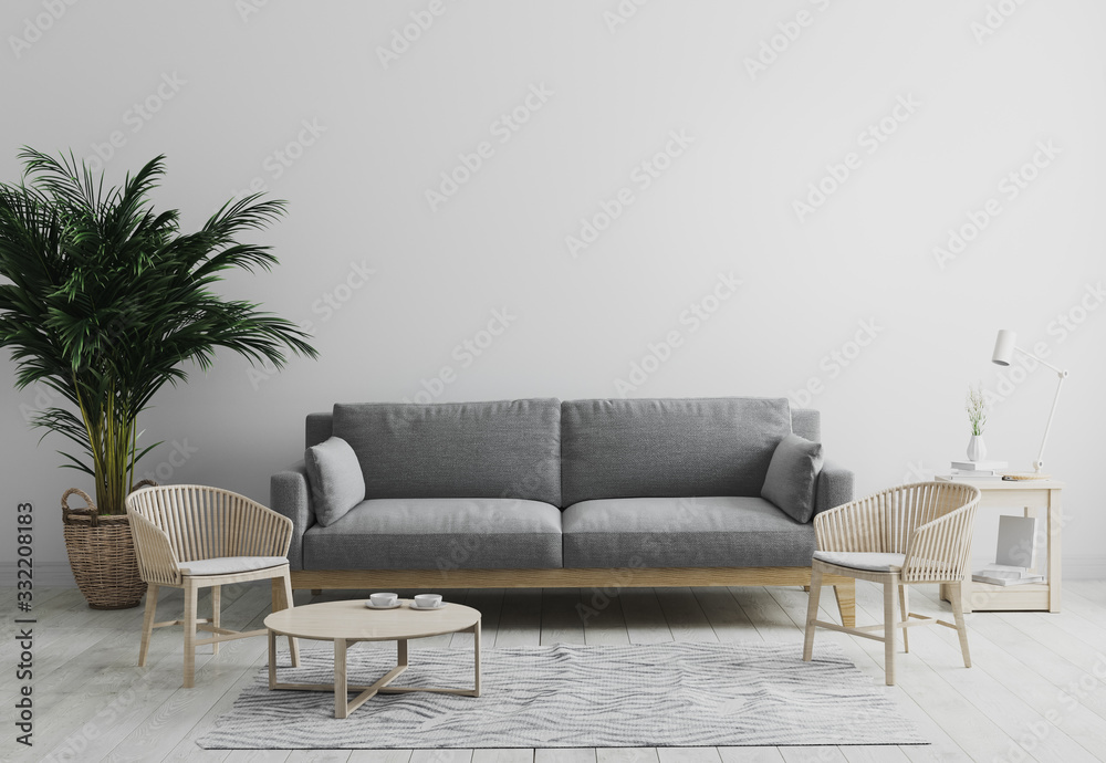 Modern interior of living room mock up in gray tones with gray sofa and wooden armchair, palm tree and coffee table, living room interior background, scandinavian style, living room mockup, 3d render - obrazy, fototapety, plakaty 