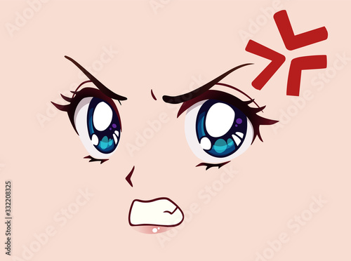 Angry anime face. Manga style big blue eyes, little nose and kawaii mouth, funny anime symbol.