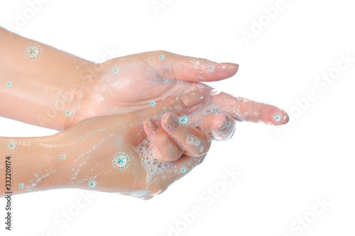 Close up of washing hands with soap with blue corona virus isolated on white background. Coronavirus prevention hand hygiene. Corona Virus pandemic protection by cleaning hands frequently.