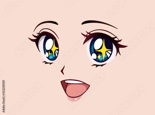 Happy anime face. Manga style big blue eyes, little nose and big kawaii mouth. Yellow sparkles in her eyes.