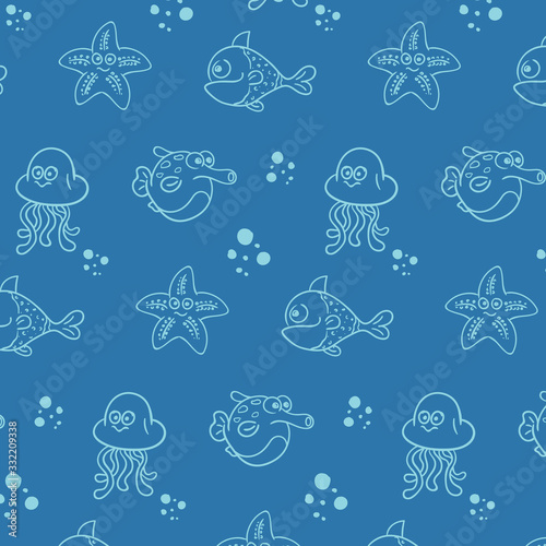 Seamless texture with draw fishes. Prints for textiles with sea inhabitants. Printing on fabric. Illustration for wallpaper for children.