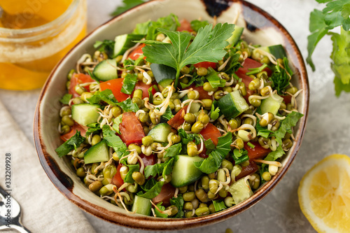 Healthy salad with mung beans, tomatoes, cucumber, lettuce and greens