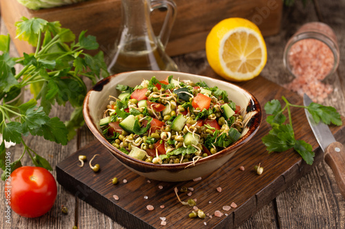 Healthy salad with mung beans, tomatoes, cucumber, lettuce and greens