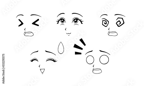 Set of funny anime faces. Hand drawn vector cartoon illustration.