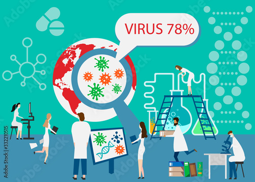 Epidemiology. Health danger risk spread laboratory. Tiny bacteria pandemic outbreak research.Vector illustration.