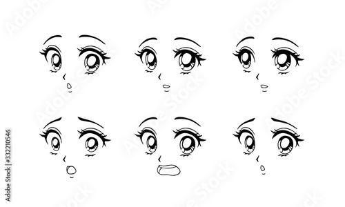 Fototapeta Naklejka Na Ścianę i Meble -  Set of surprised and scared anime faces. Hand drawn vector cartoon illustration.