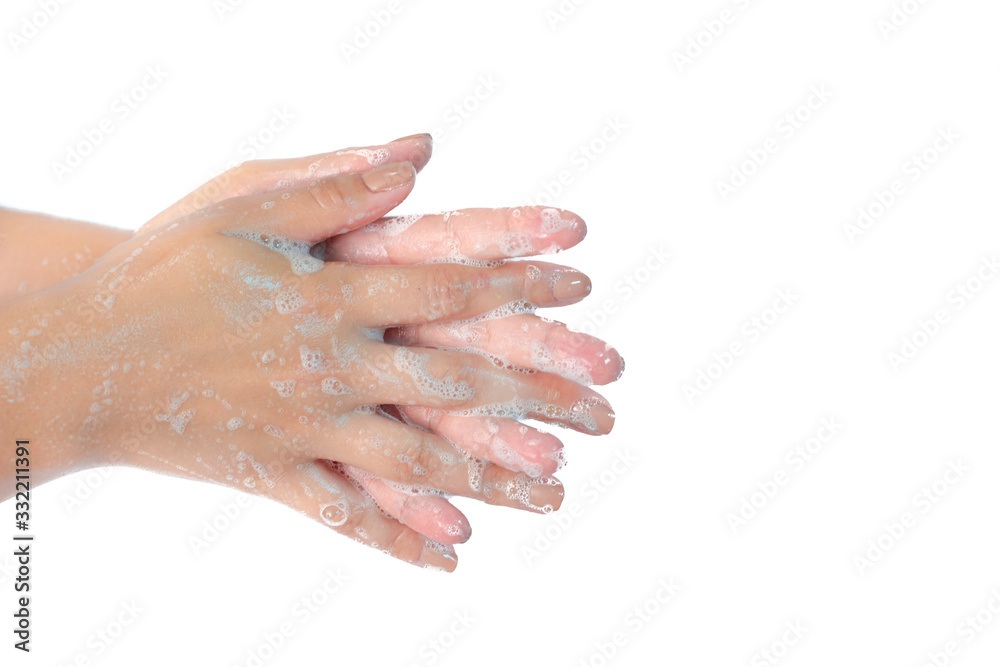 Close up of washing hands with soap isolated on white background Coronavirus prevention hand hygiene. Corona Virus pandemic protection by cleaning hands frequently. Close up of washing hands with soap isolated on white background Coronavirus prevention hand hygiene. Corona Virus pandemic protection by cleaning hands frequently.