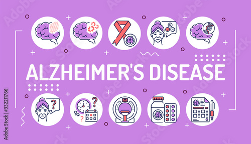 Alzheimer's disease word lettering typography. Decline in memory. Decrease in mental human abilities. Infographics with linear icons on background. Isolated outline color illustration.