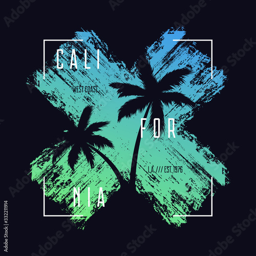 California t-shirt typography with color grunge background and palm trees silhouettes. Trendy apparel design with frame, tee shirt graphics. Vector illustration.