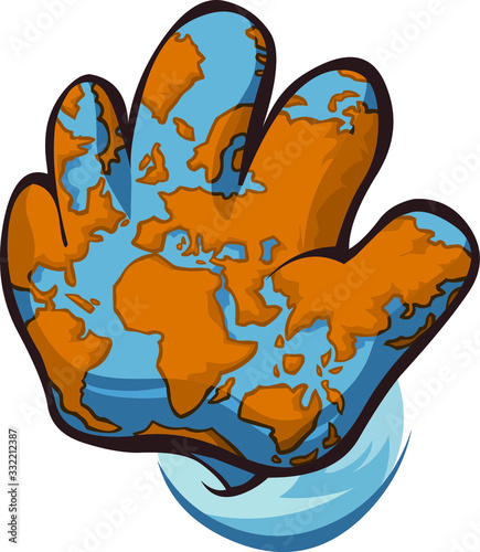 A cartoon image of a hand palm with pattern as a  of the Earth's map. (ID: 332212387)
