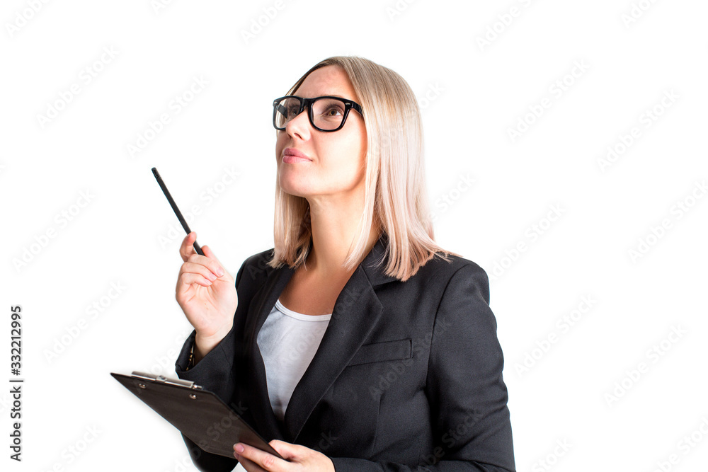 blonde in a black jacket and glasses, businesswoman, isolate blonde in a black jacket and glasses, businesswoman, isolate