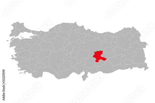 Malatya province highlighted on turkey map vector. Gray background. photo