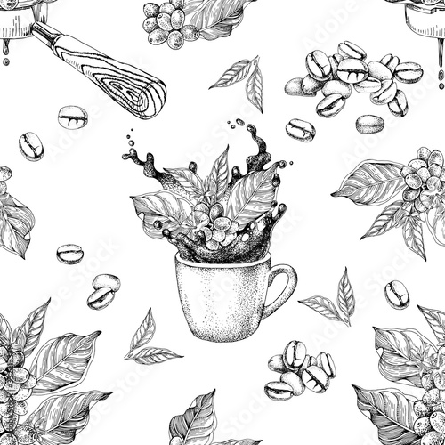 Seamless pattern with coffee branches, beans, portafilter and cup with splash
