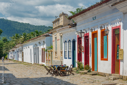 Urban landscape with colorful houses and cobbled pavements in Paraty, Rio de Janeiro, Brazil.