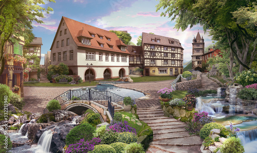 Canvas Print Beautiful view of the street with a lake and waterfalls, in flowers and sunshine