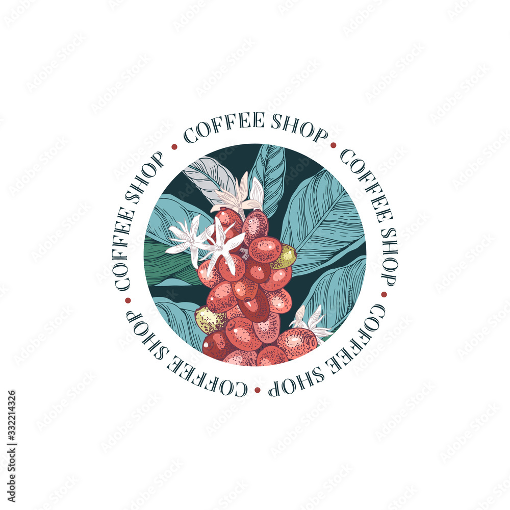 Coffee shop round emblem with colorful coffee branch - obrazy, fototapety, plakaty 