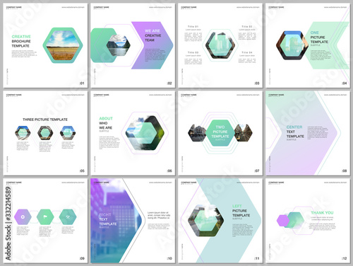 Minimal brochure templates with colorful hexagonal design background, hexagon style pattern. Covers design templates for square flyer, leaflet, brochure, report, presentation, advertising, magazine.