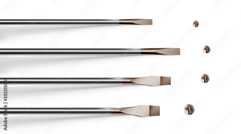 Variety of sizes of slotted screwdrivers. Set tip, objects close-up. Vector illustration.