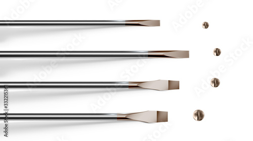 Variety of sizes of slotted screwdrivers. Set tip, objects close-up. Vector illustration.