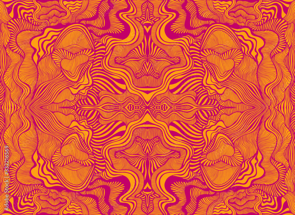 Abstract psychedelic fractal pattern, burgundy outline, orange color background.
