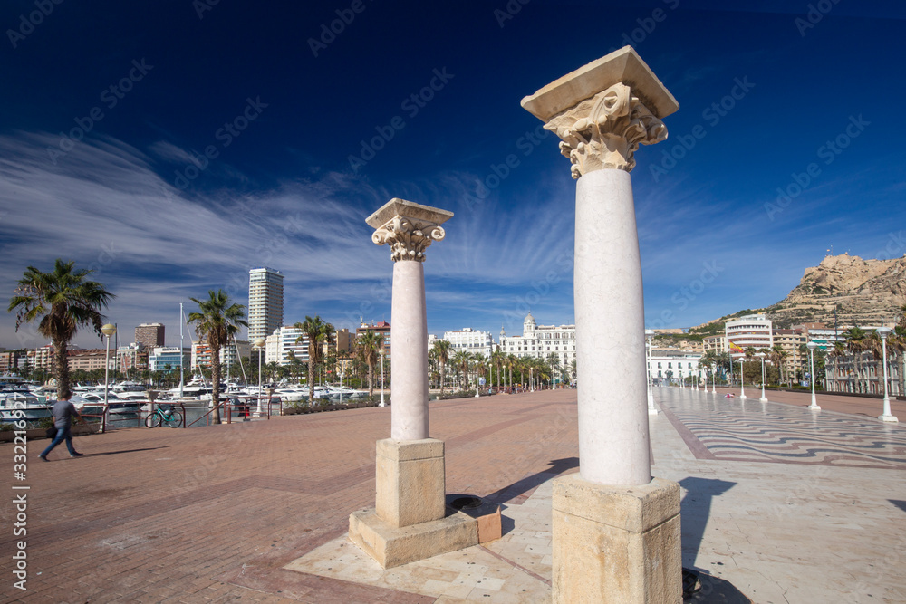 Alicante, province of Alicante, Spain - November 4, 2018: Promenade in the Marina with beautiful buildings.