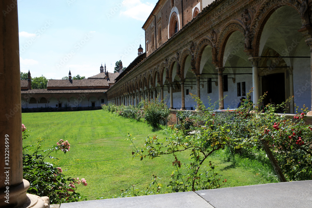 Pavia (PV), Italy - June 09, 2018: Certosa di Pavia area and Carthusian Monastery inside area detail, Pavia, Lombardy, Italy