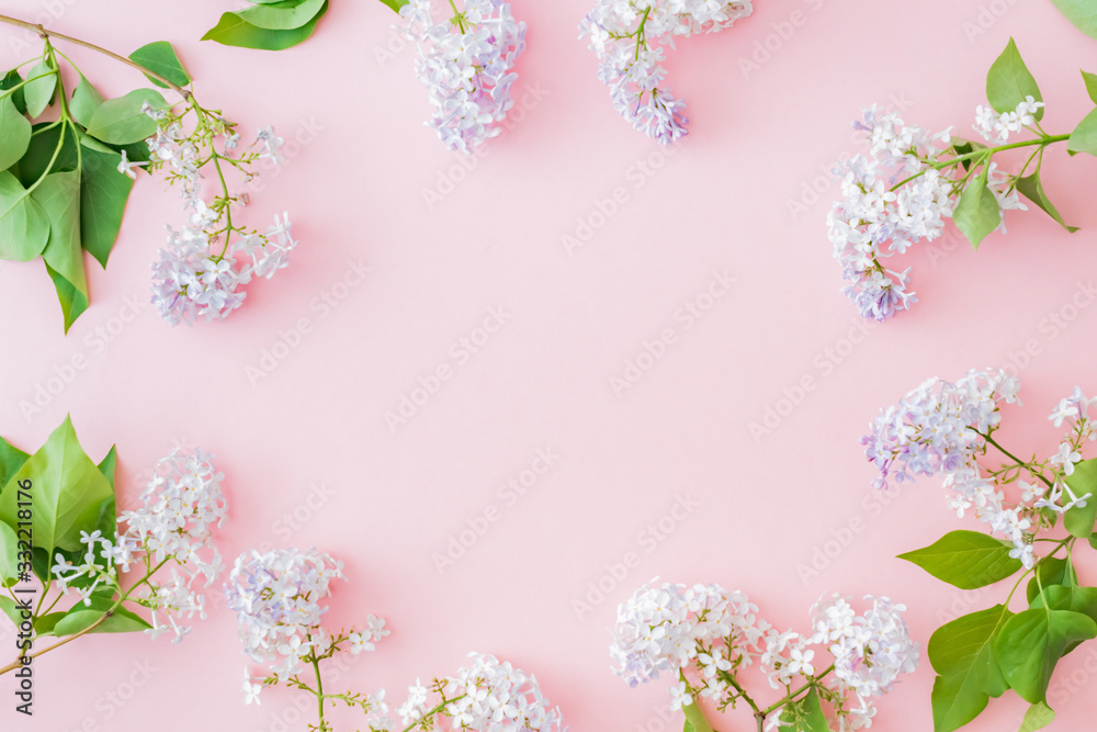 Flat lay composition with branches of lilac on a pink background
