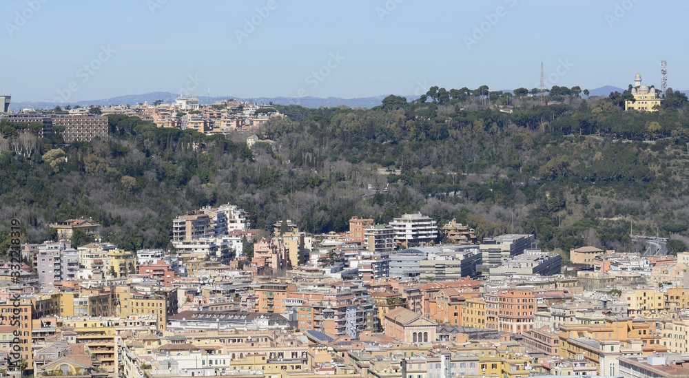 Panorama of Rome from the observation deck of the dome of St. Peter's Basilica. Panorama of the city. The best view of Rome. 