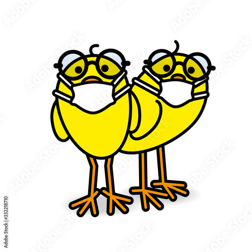 Two Yellow Chicks wearing Spectacles and Medical Masks