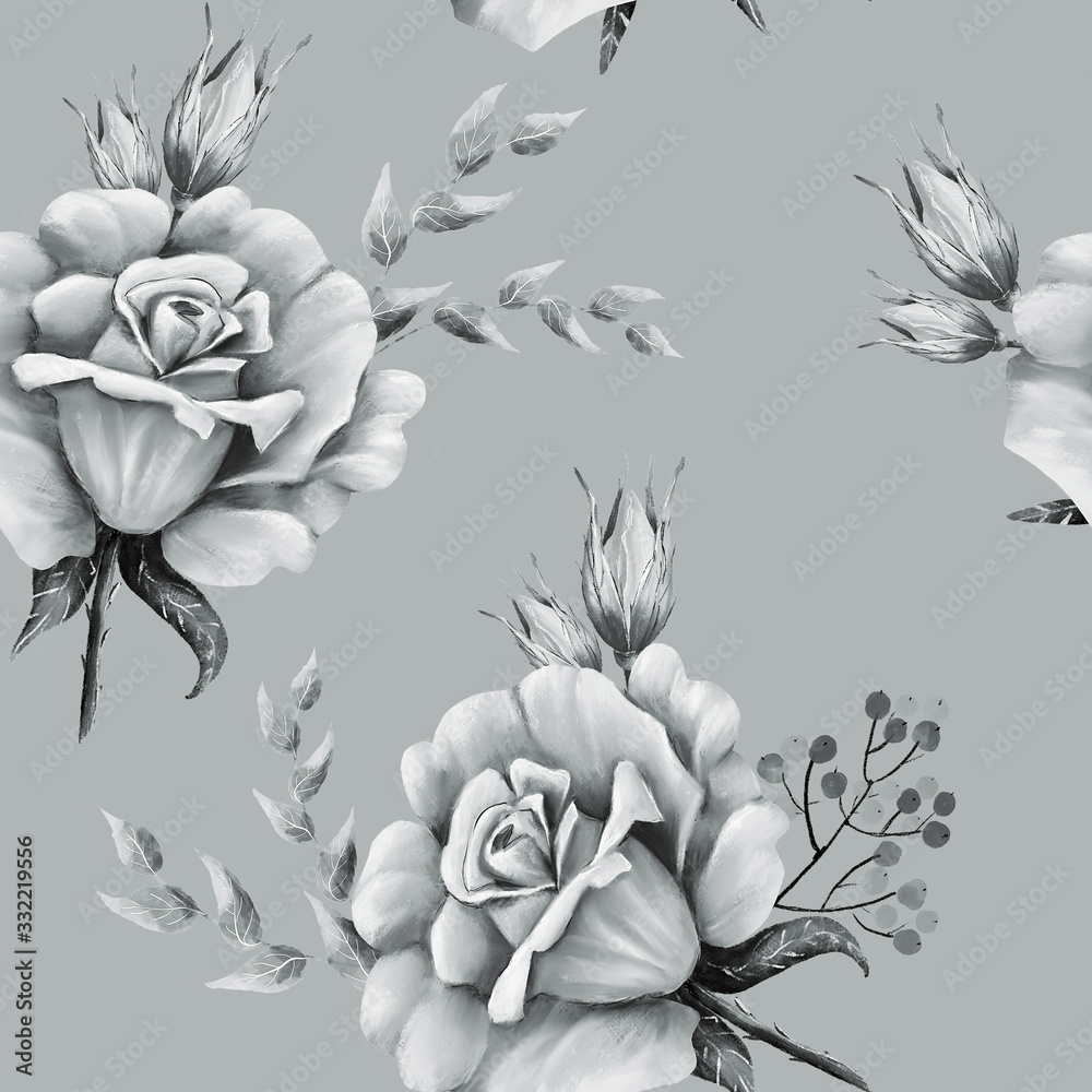 seamless pattern with roses on a gray background, monochrome bouquet