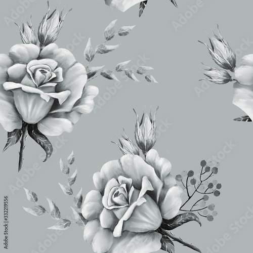 Fototapeta Naklejka Na Ścianę i Meble -  seamless pattern with roses on a gray background, monochrome bouquet