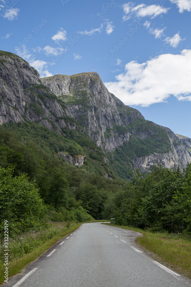 Fototapeta premium empty roads that run through spectacular landscapes, roads near the northern fjords, incredible mountains, snowy peaks, abundant vegetation