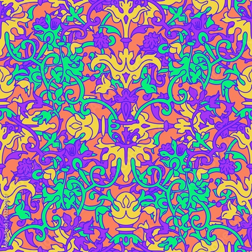 Vintage baroque floral pattern in gold over neon colors. Ornate decoration. Luxury, royal and Victorian concept. Luxury kitsch. Fabric design, wrapping paper