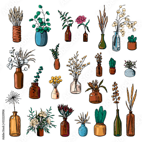 Big collection of varied vases, bottles, and jars of flowers and plants. Hand drawn vector illustration. Vintage botanical set. Decorative floral colorful elements isolated in white. Usable for design