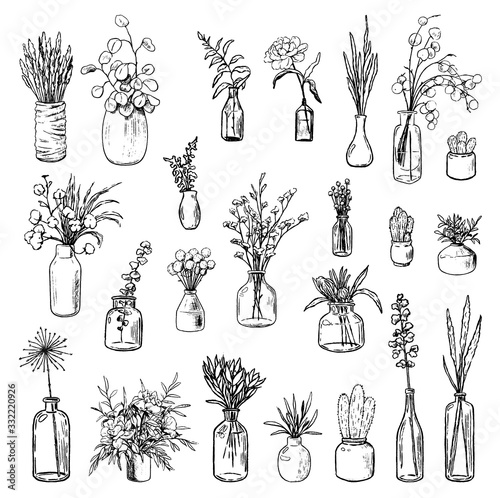 Big collection of varied vases, bottles, and jars of flowers and plants. Hand drawn vector illustration. Vintage botanical set. Decorative floral outline elements isolated on white. Usable for design.