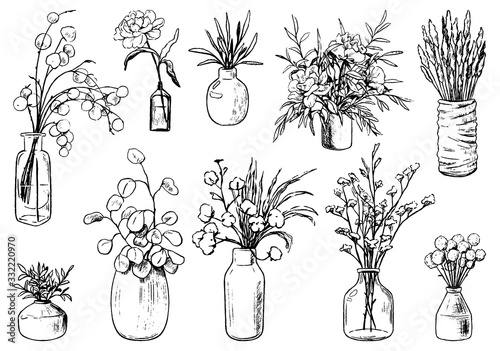 Collection of varied vases, bottles, and jars of flowers and plants. Hand drawn vector illustration. Vintage botanical set. Decorative floral outline elements isolated on white. Usable for design.