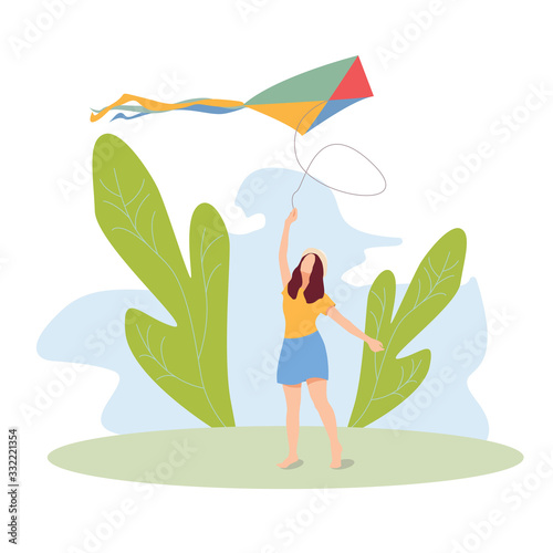 Flat illustration of cheerful young girl playing kite outdoor. health care activities
