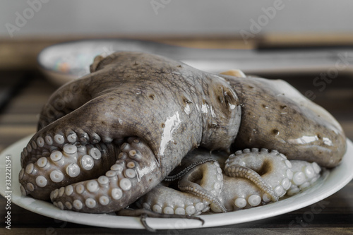 Close up photo of shiny octopus lying on the white plate.