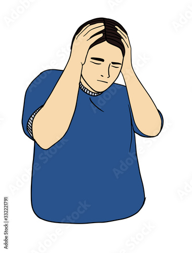 Human sick, ill or disease. Cartoon character demonstrate symptoms of headache. Flat vector illustration portrait. Element for design of infographic , guide, booklet, flyer or web site