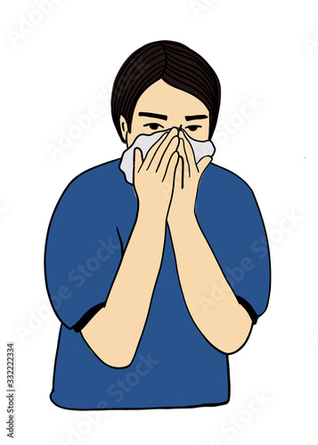 Human sick, ill or disease. Cartoon character demonstrate symptoms of sneeze or snot. Flat vector illustration portrait. Element for design of infographic , guide, booklet, flyer or web site