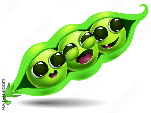 funny cartoon pea pod on white background. cute little three peas with big eyes. vector illustration.
