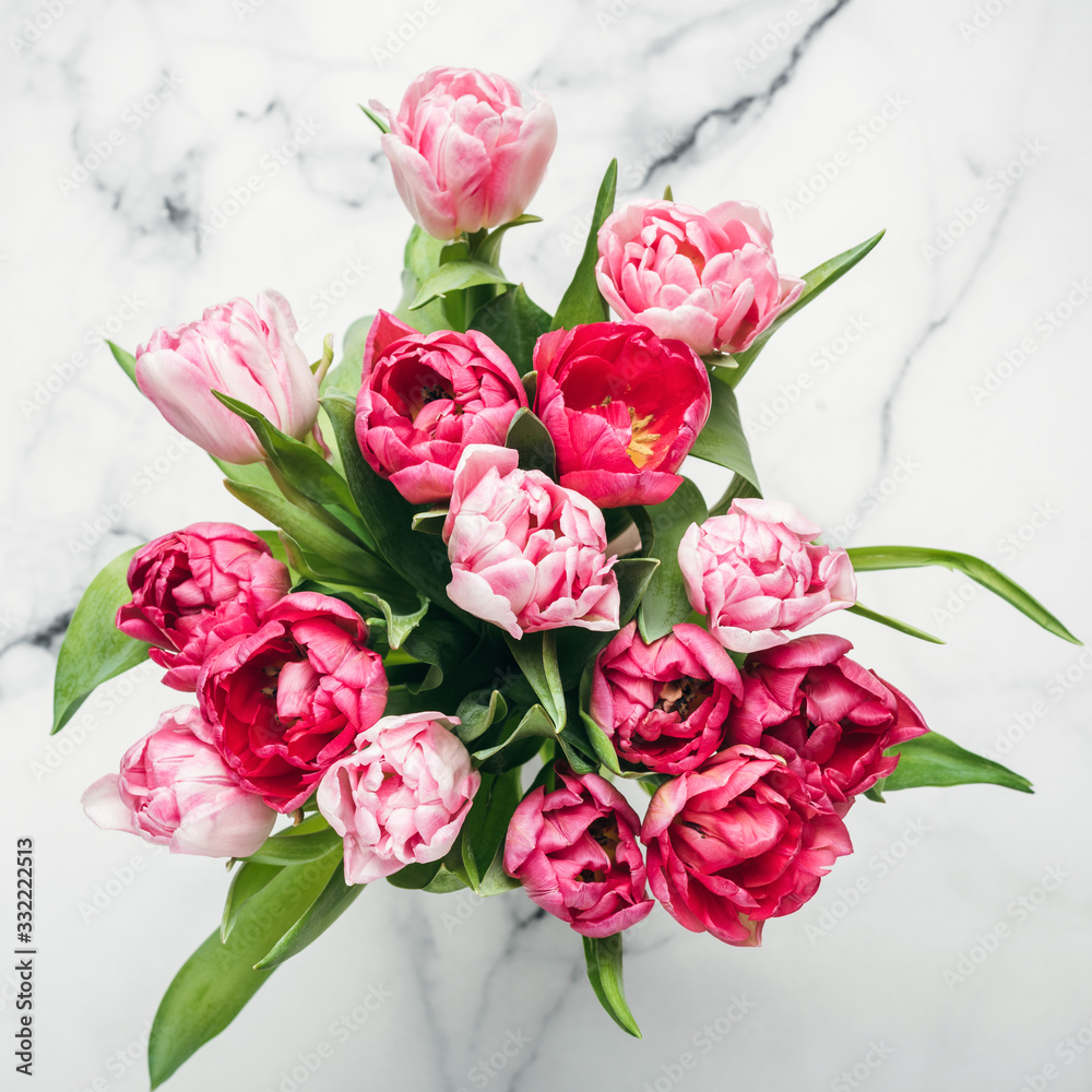 Beautiful Pink Peony Tulips On Marble Background Top View Square Orientation. Mother's Day Bouquet Concept Beautiful Pink Peony Tulips On Marble Background Top View Square Orientation. Mother's Day Bouquet Concept