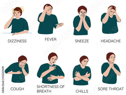 No gender cartoon characters demonstrating symptoms of common cold - fever, cough, sore throat, snot, chills, dizziness, sneeze, freeze, snot. Collection of sick or ill human. Flat vector illustration