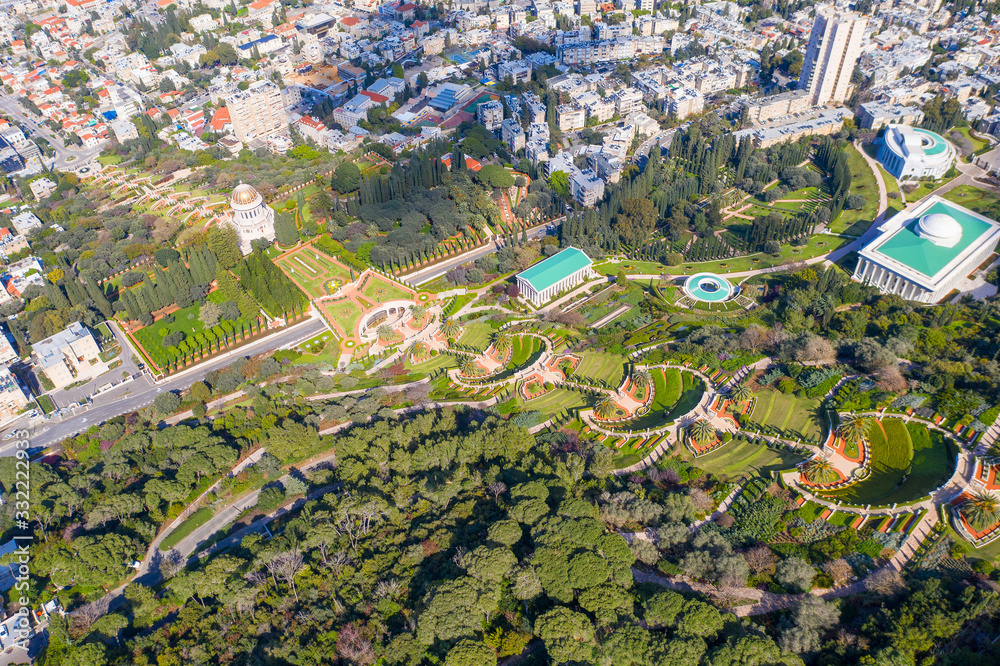 The Bahai Temple and Gardens of Haifa, Israel, Aerial view.